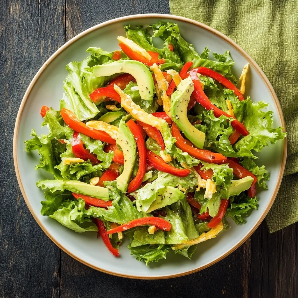 Una tazza di salata con peperoni, lattuga e avocado.