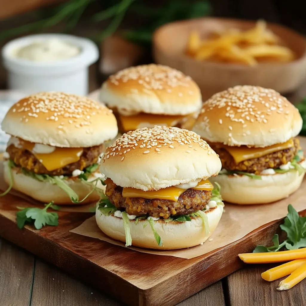 Quattro hamburger con patate fritte.