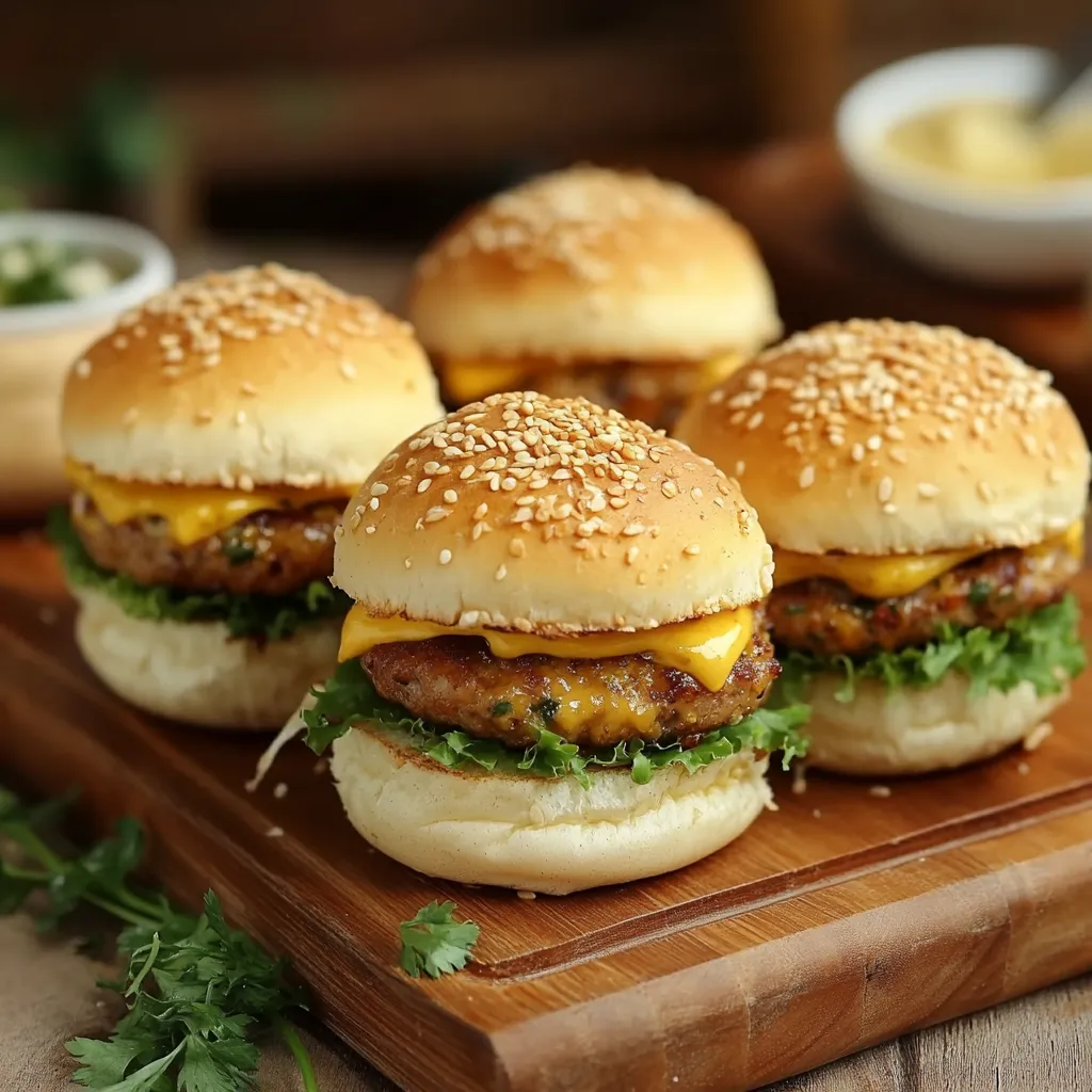 Quattro burger con patate fritte e formaggio.