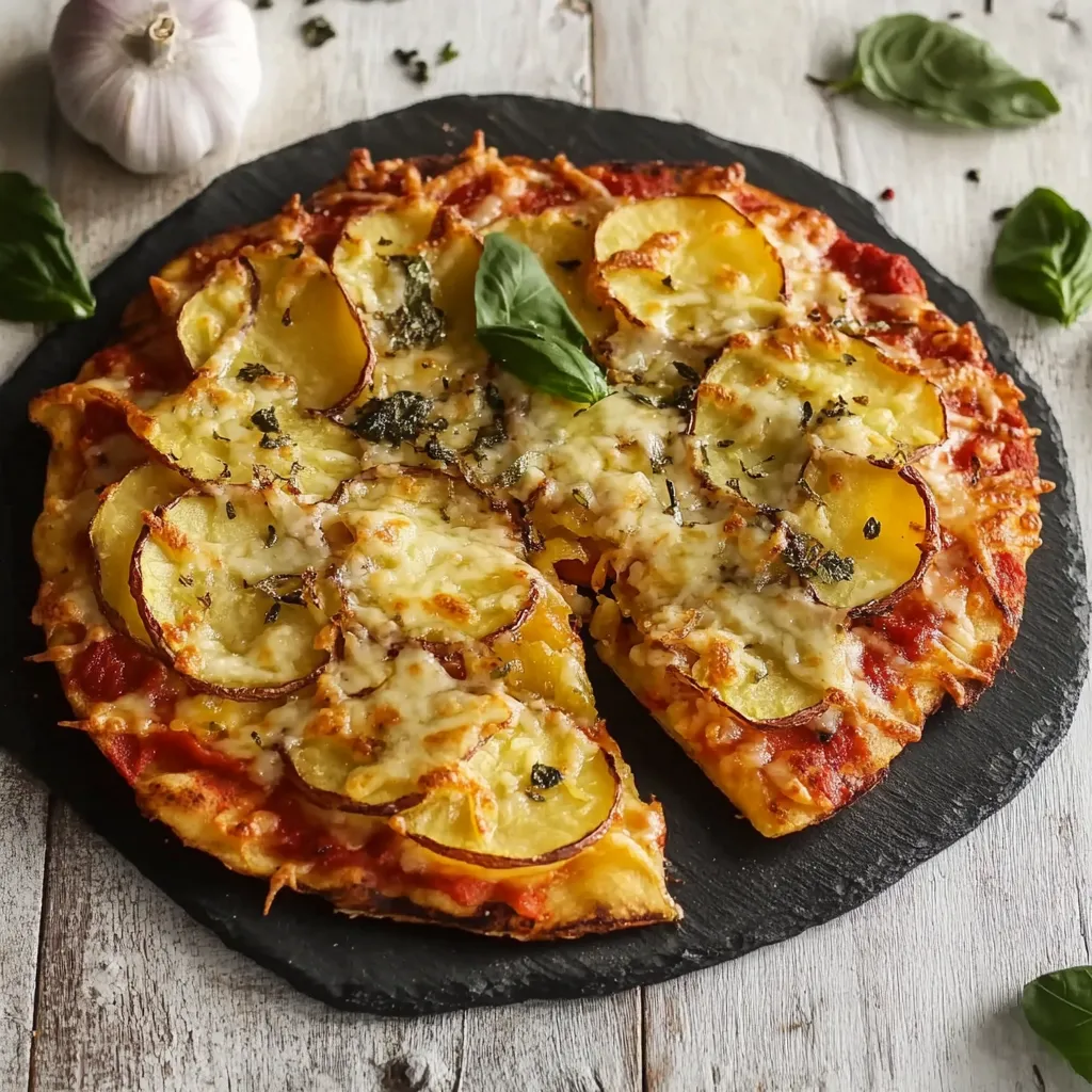 Una pizza con patate e basilico.