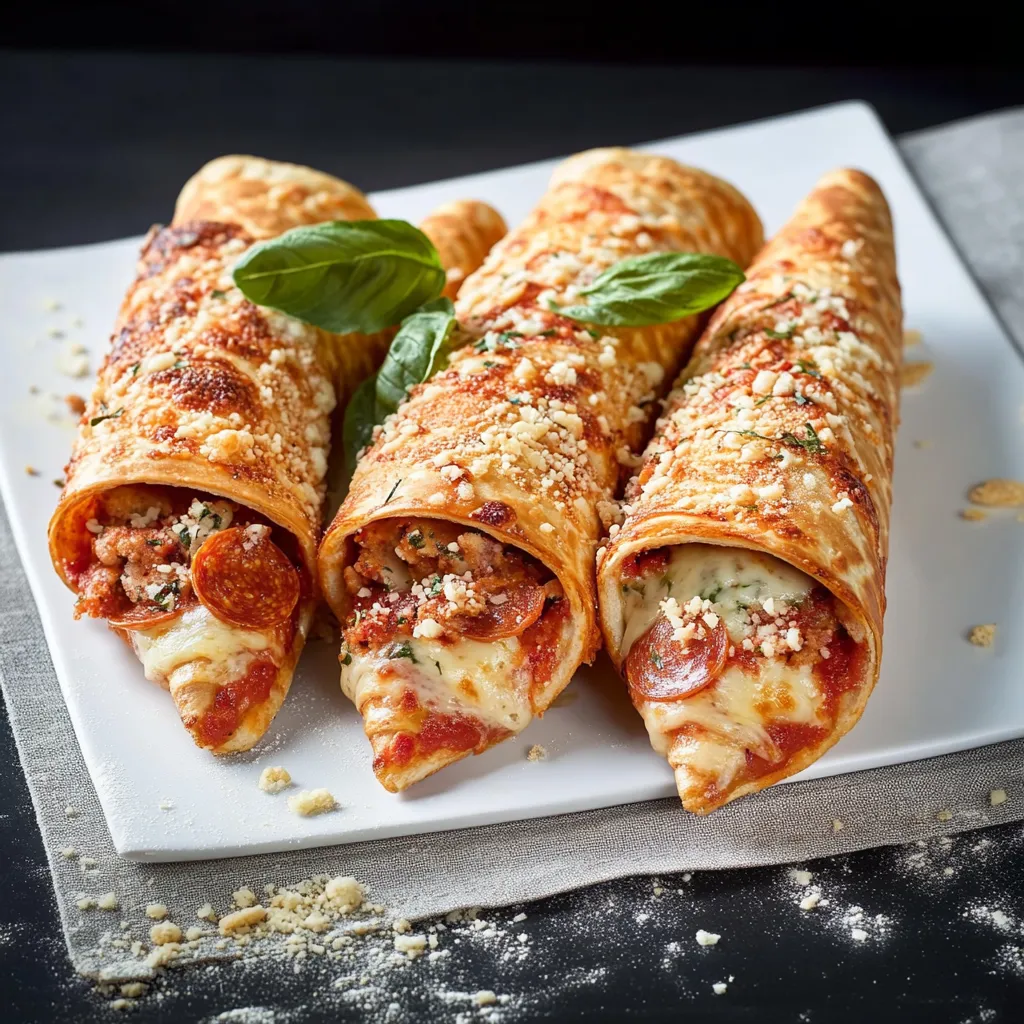 Quattro pezzi di pizza con foglie di basilico.