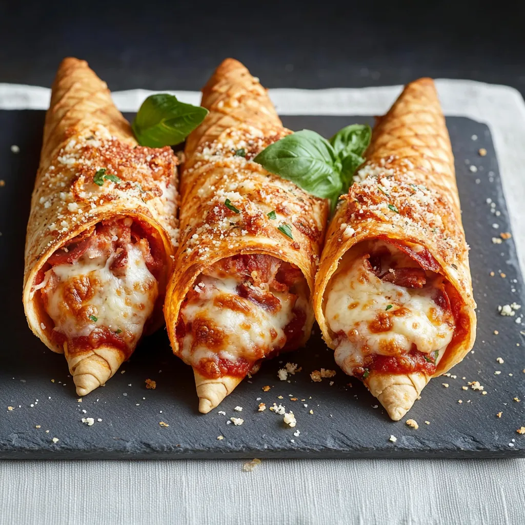 Tre cilindri di pasta con ricotta e basilico.