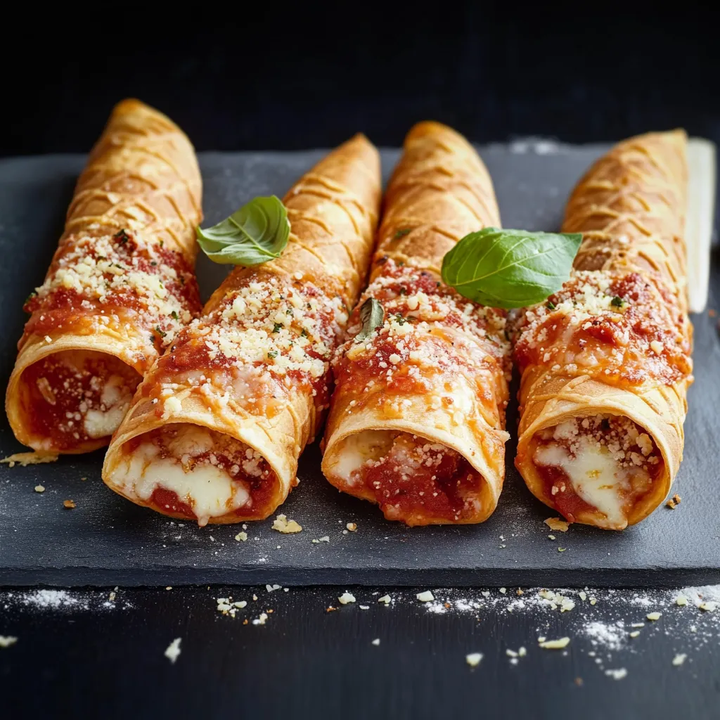 Quattro cannoli con ricotta e foglie di basilico.