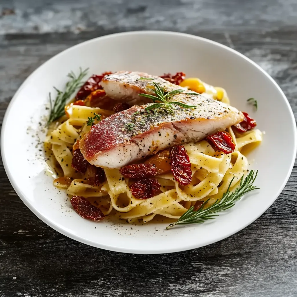 Piatti di pesce con pasta e erbe.