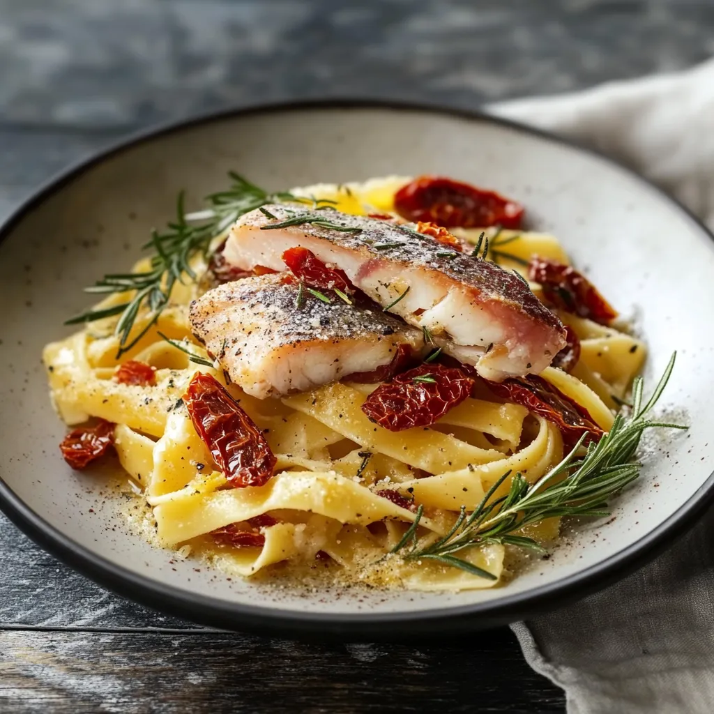 Piatti di pesce con pasta e erbe.