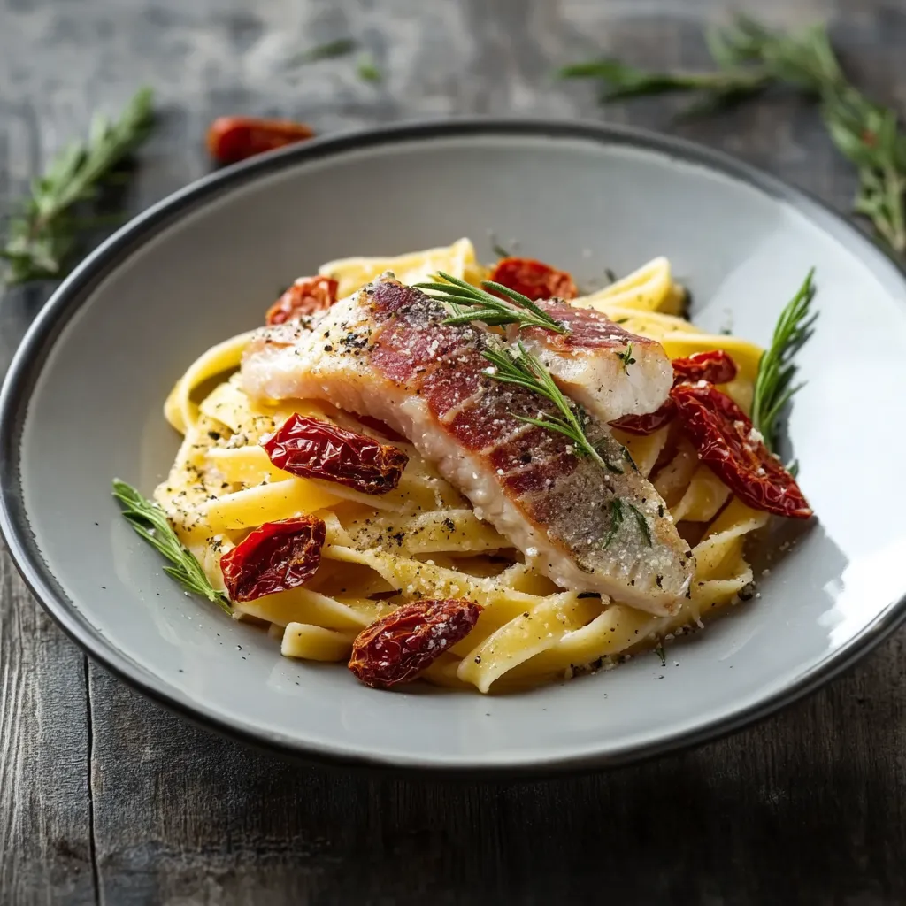 Piatto con pesce e pasta.