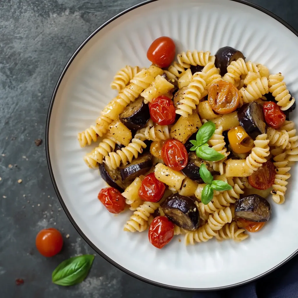 Piatti di pasta con verdure e pomodori.