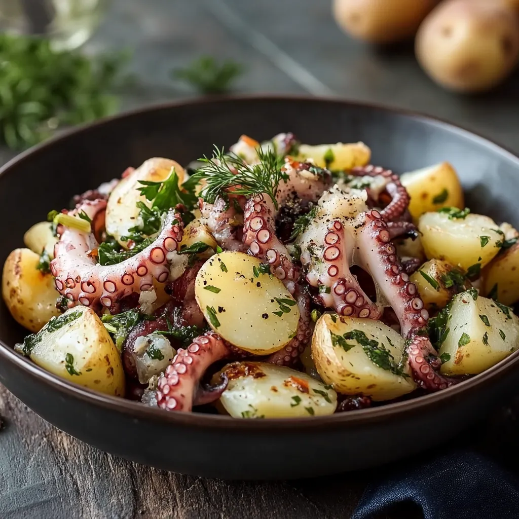 Una ciotola con verdure e carne di polpo.
