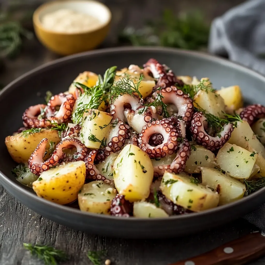 A bowl of food with potatoes and octopus.