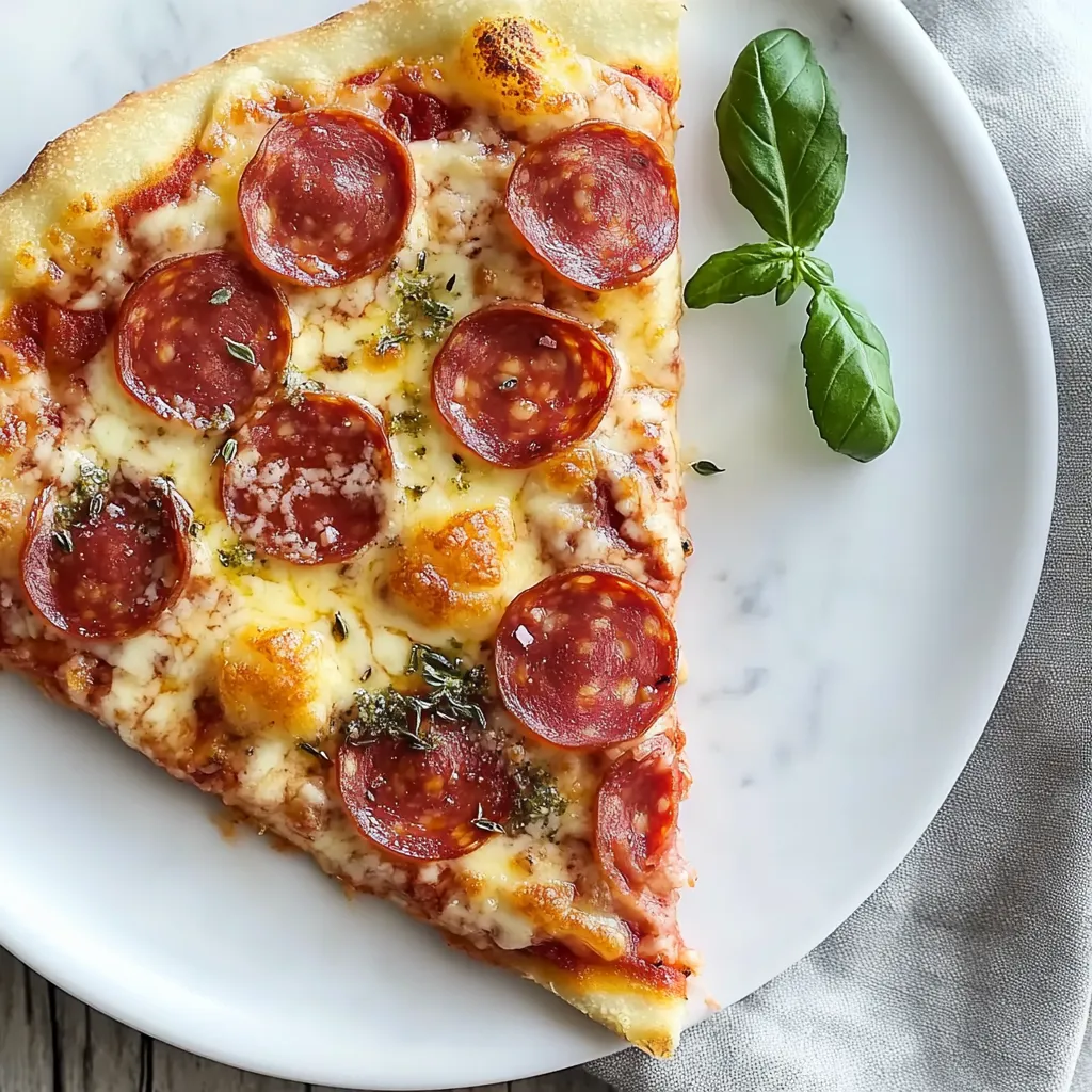 Una fetta di pizza con pepperoni e basilico.