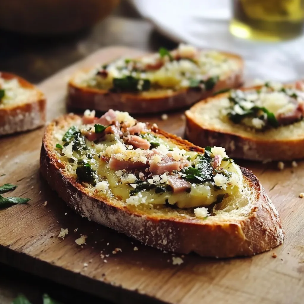 Quattro pezzi di pane con formaggio e verdure.