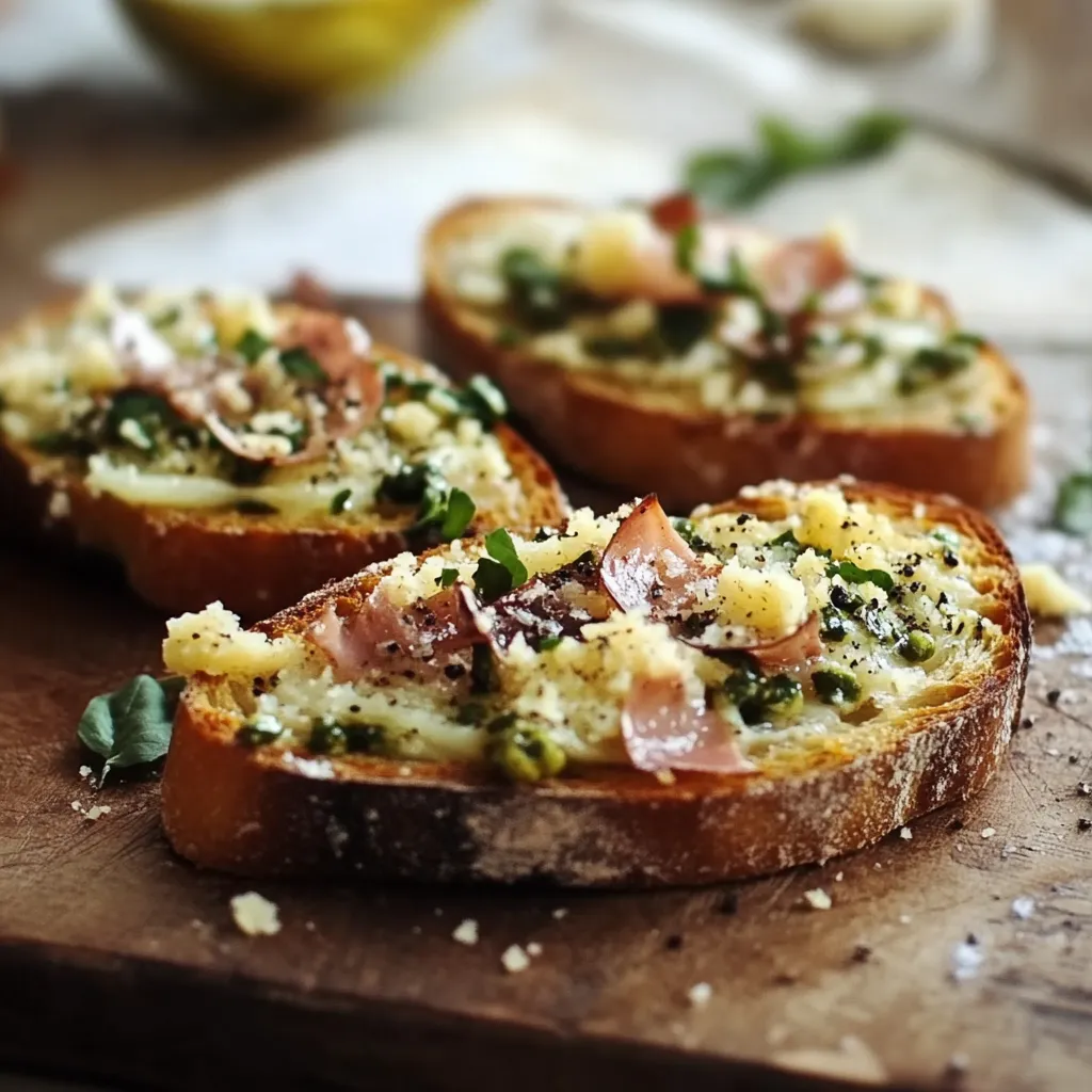 Quattro pezzi di pane con formaggio e verdure.