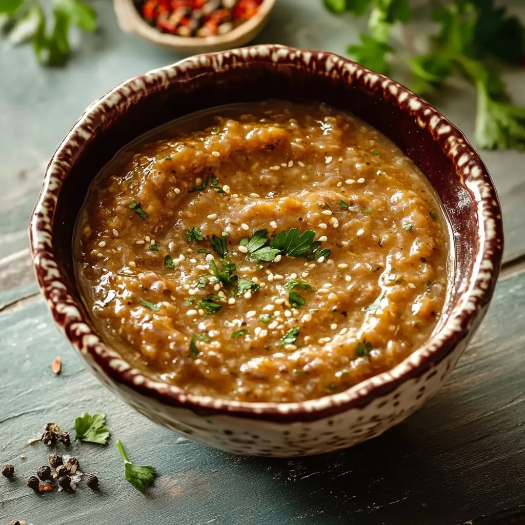 Una ciotola di salsa con erbe fresche.