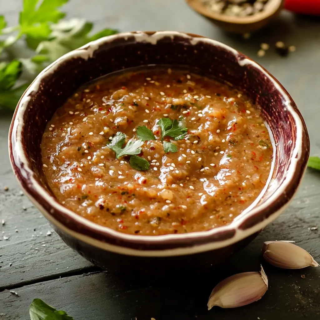 Una ciotola di salsa con peperoncini e basilico.