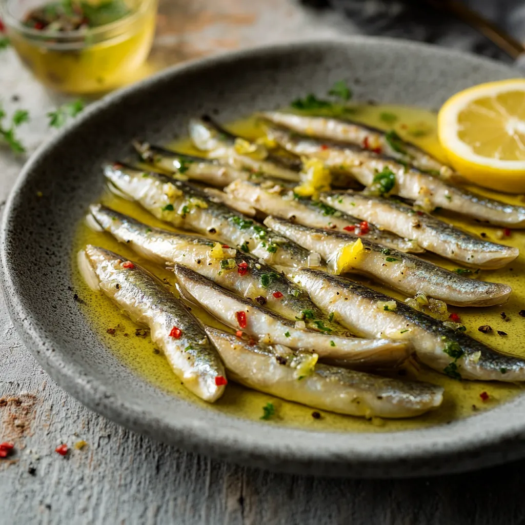 Piatti di pesce con peperoncino e limone.
