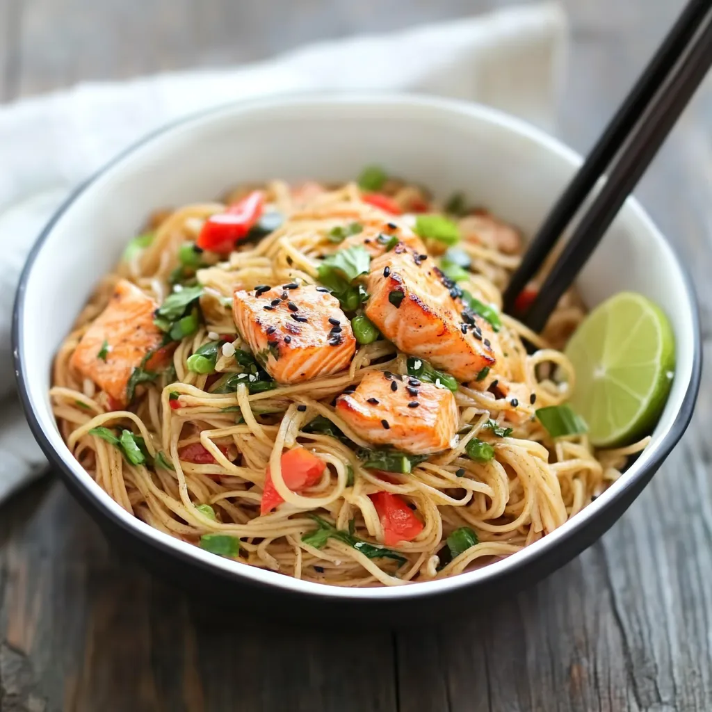 Una ciotola di spaghetti con pesce e verdure.