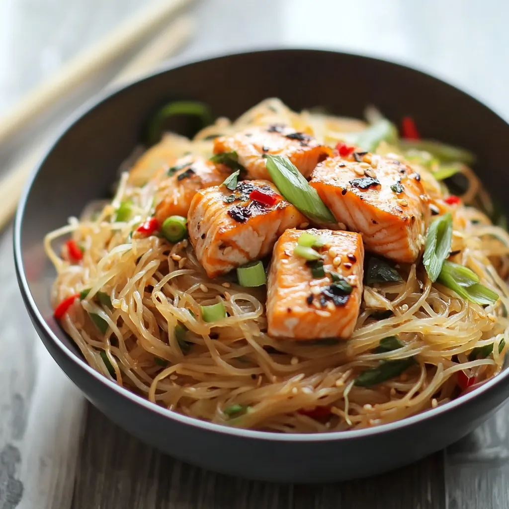 Una ciotola di noodles con pesce e verdure.