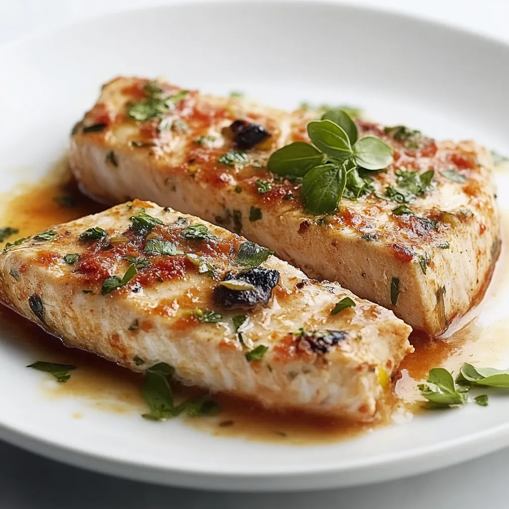 Due pezzi di pesce con erbe e sauce.