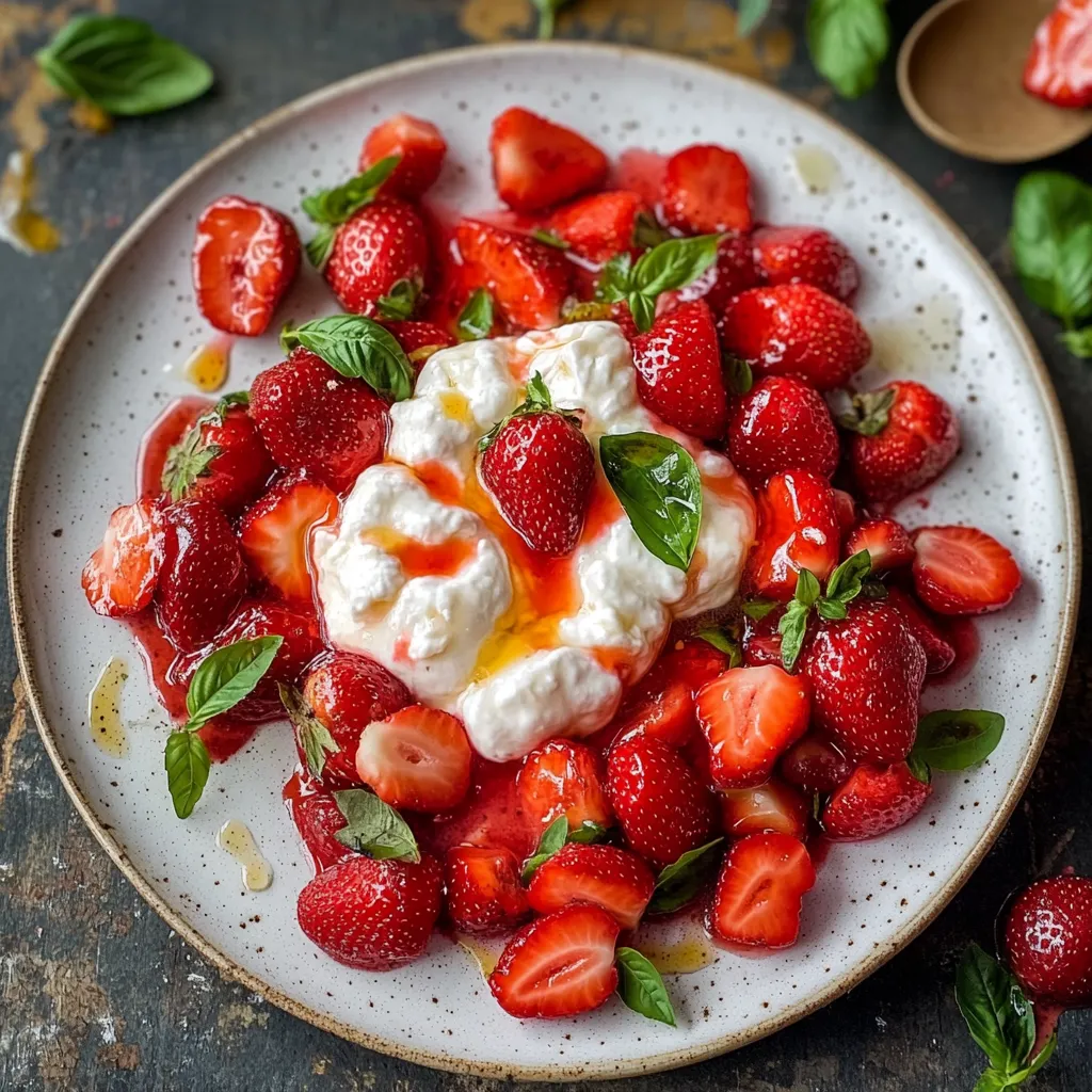 Un piatto di frullato di strawberry con foglie di basilico.
