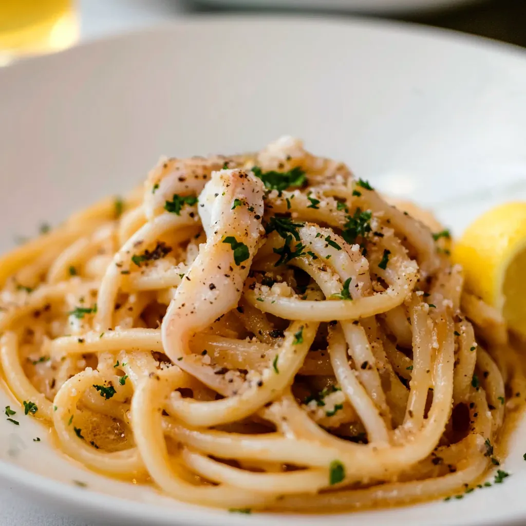 Pasta con pesce e erbe.