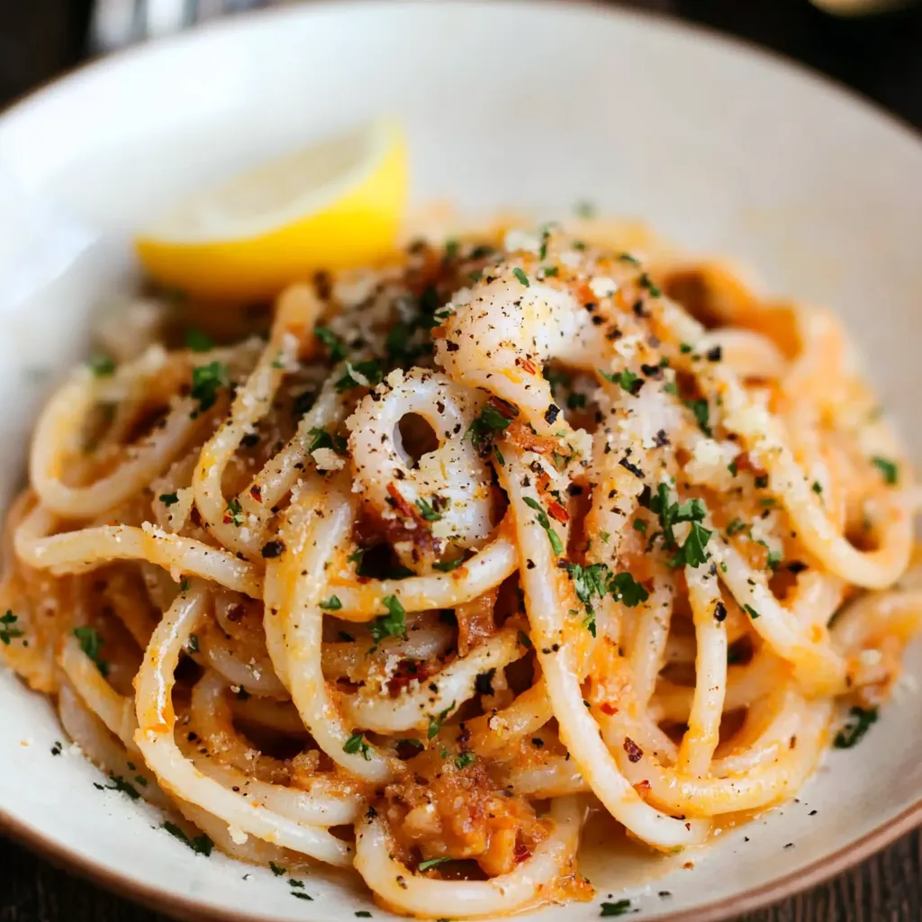 Una ciotola di spaghetti con pesce e limone.