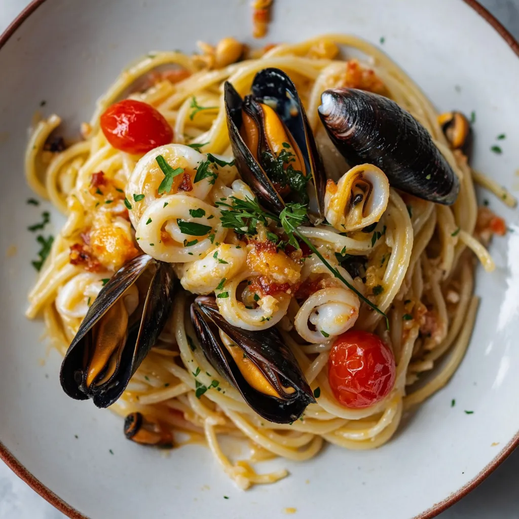 Pasta con tomate, molluschi e noce.