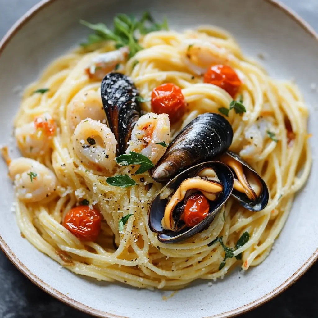 Penne con gamberi, molluschi e verdure.