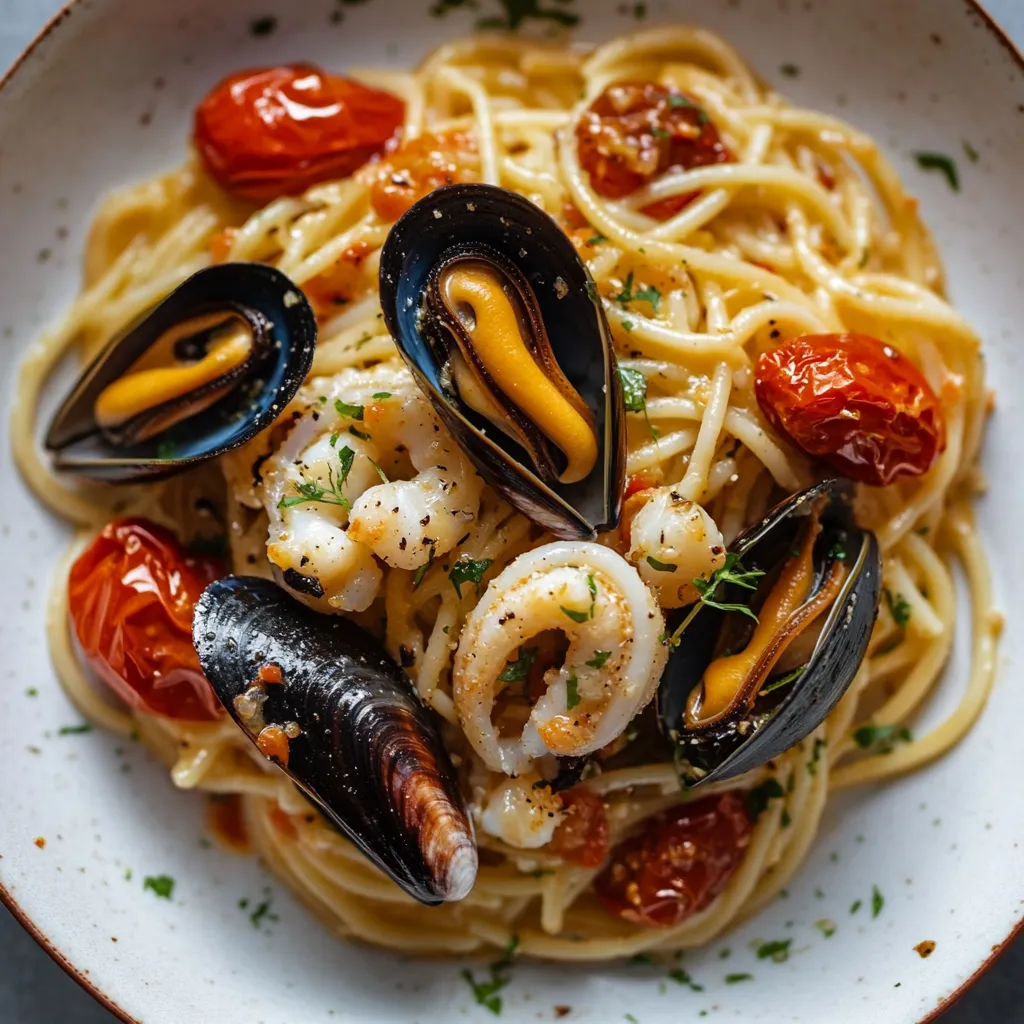 Piatti di pasta con tomate, ostriche e molluschi.