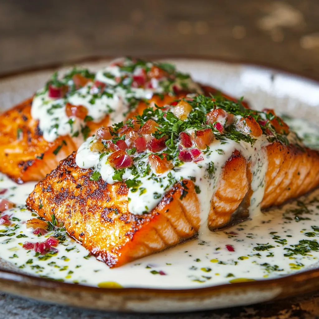 Piatti di salmone con salsa bianca.