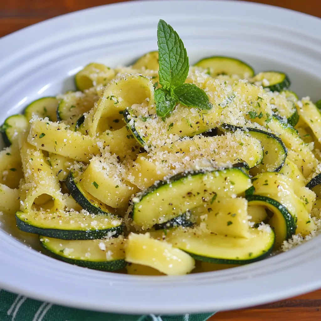 Piatti di pasta con zucchini e basilico.