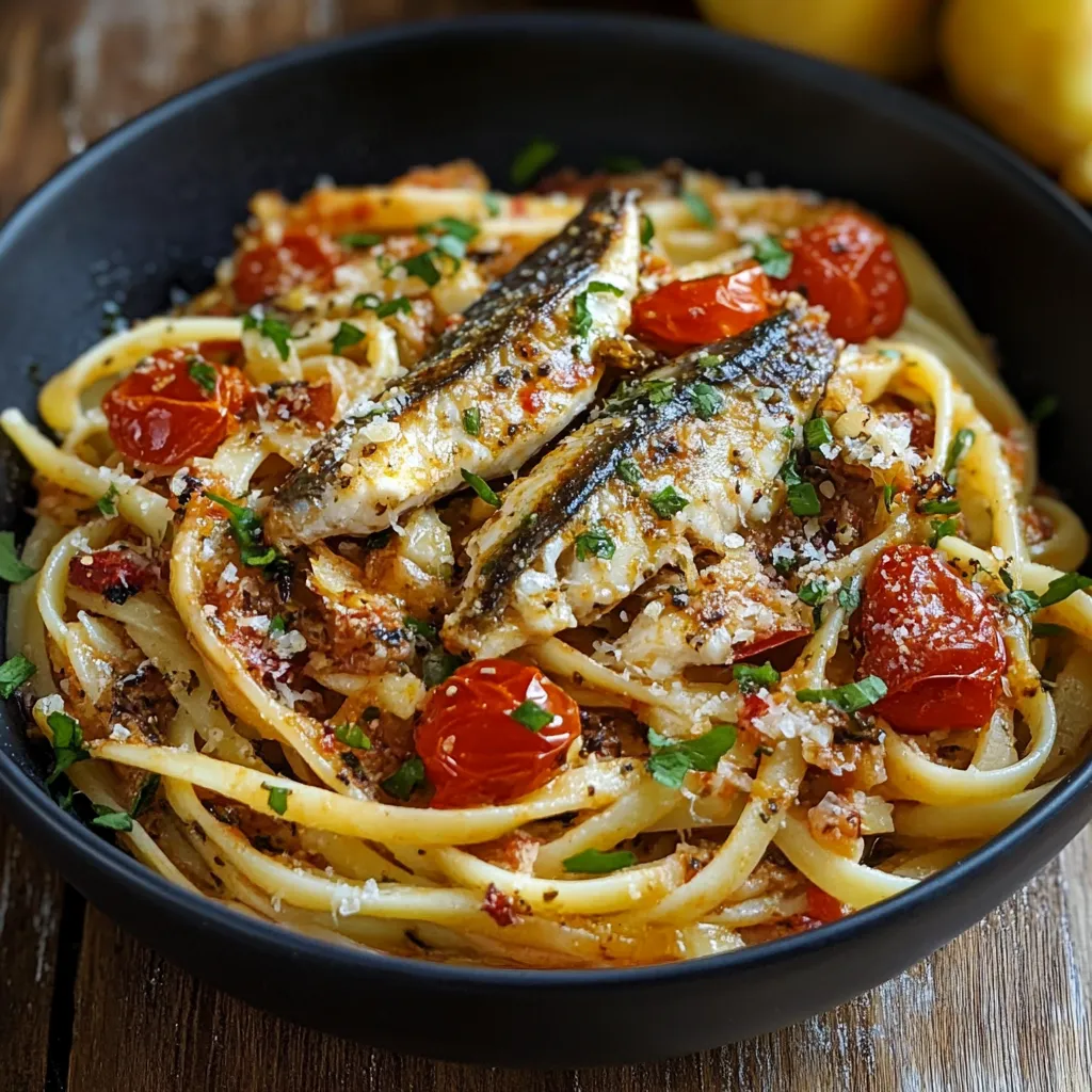 Pasta con pesce e pomodori.
