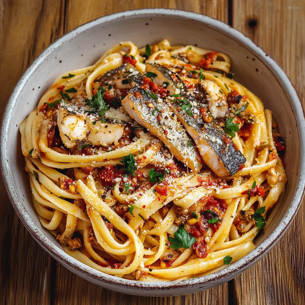 Una ciotola di spaghetti con pesce e verdure.