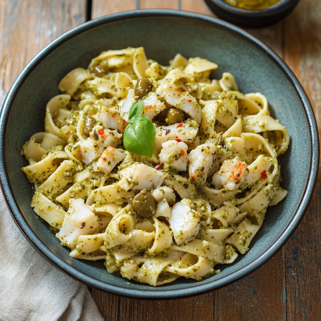 Una ciotola di pasta con verdure e pesce.
