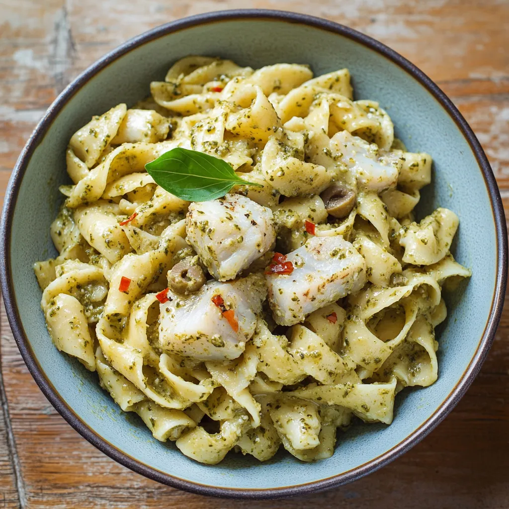 Una ciotola di pasta con verdure e pesce.
