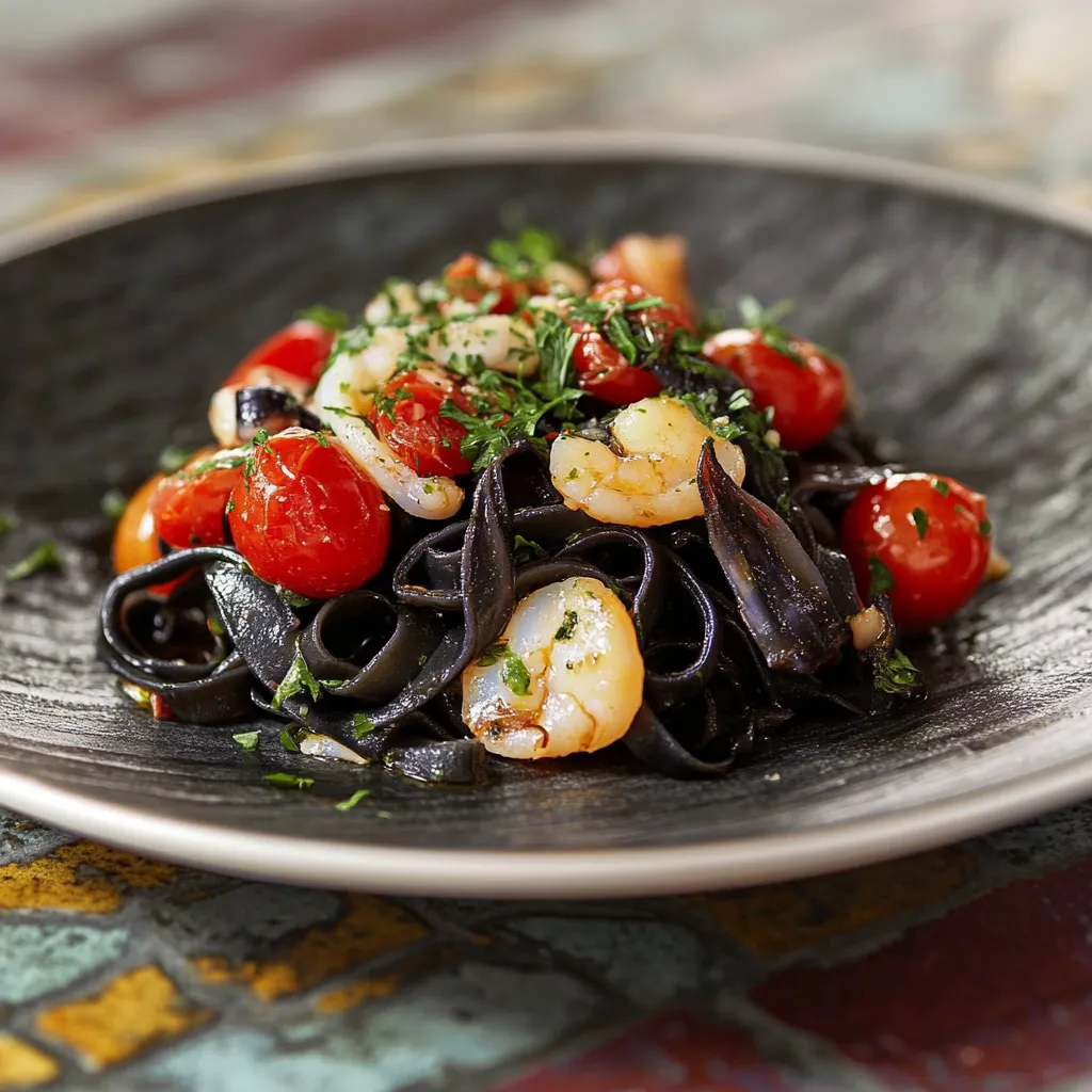 Pasta con tomate e gamberi.