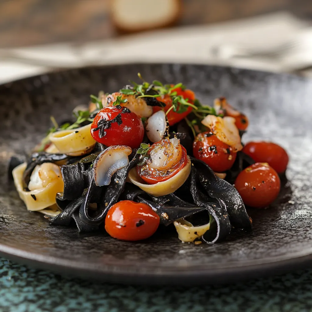 Piatti di pasta con verdure e pomodori.