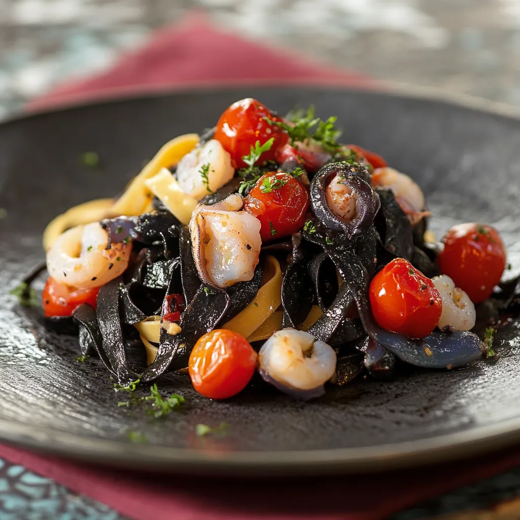 Pasta con tomate e gamberi.