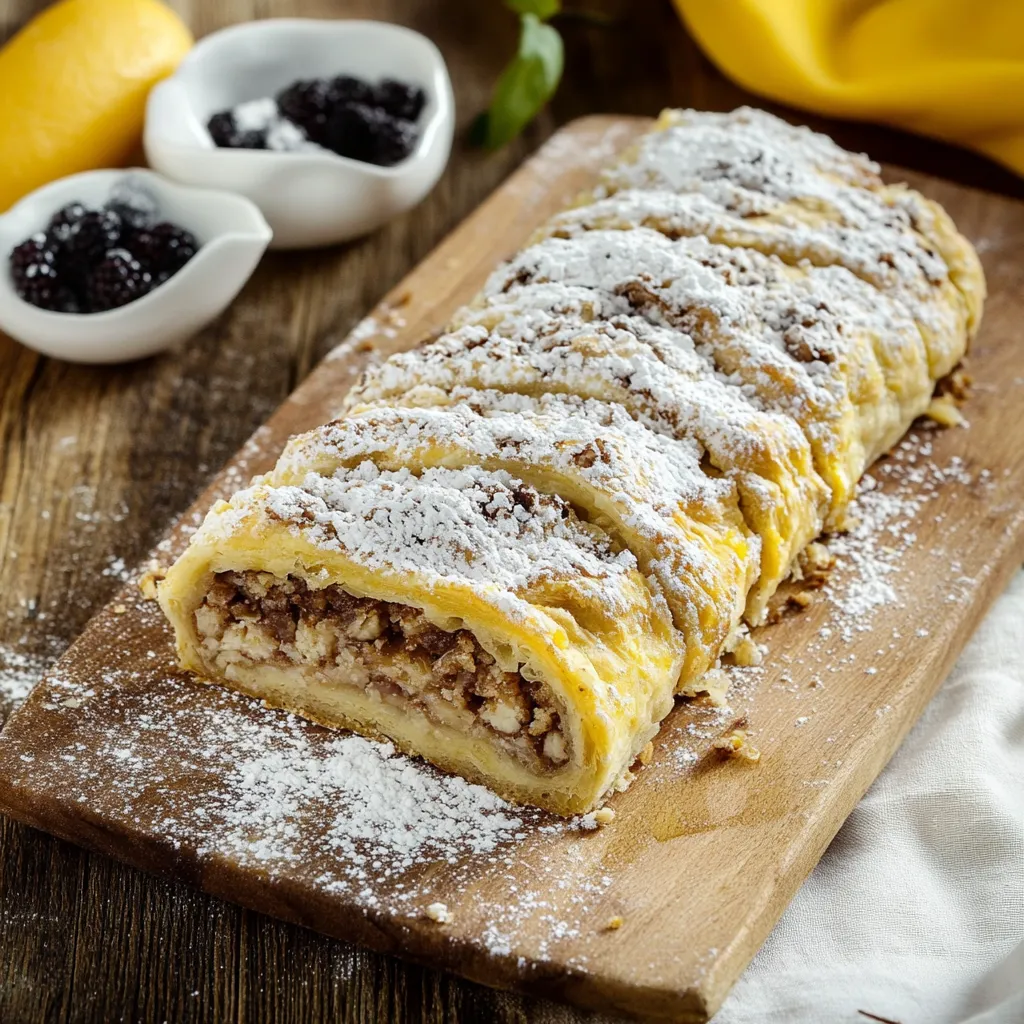 Un dolce a forma di spirale con granella di zucchero e frullati.