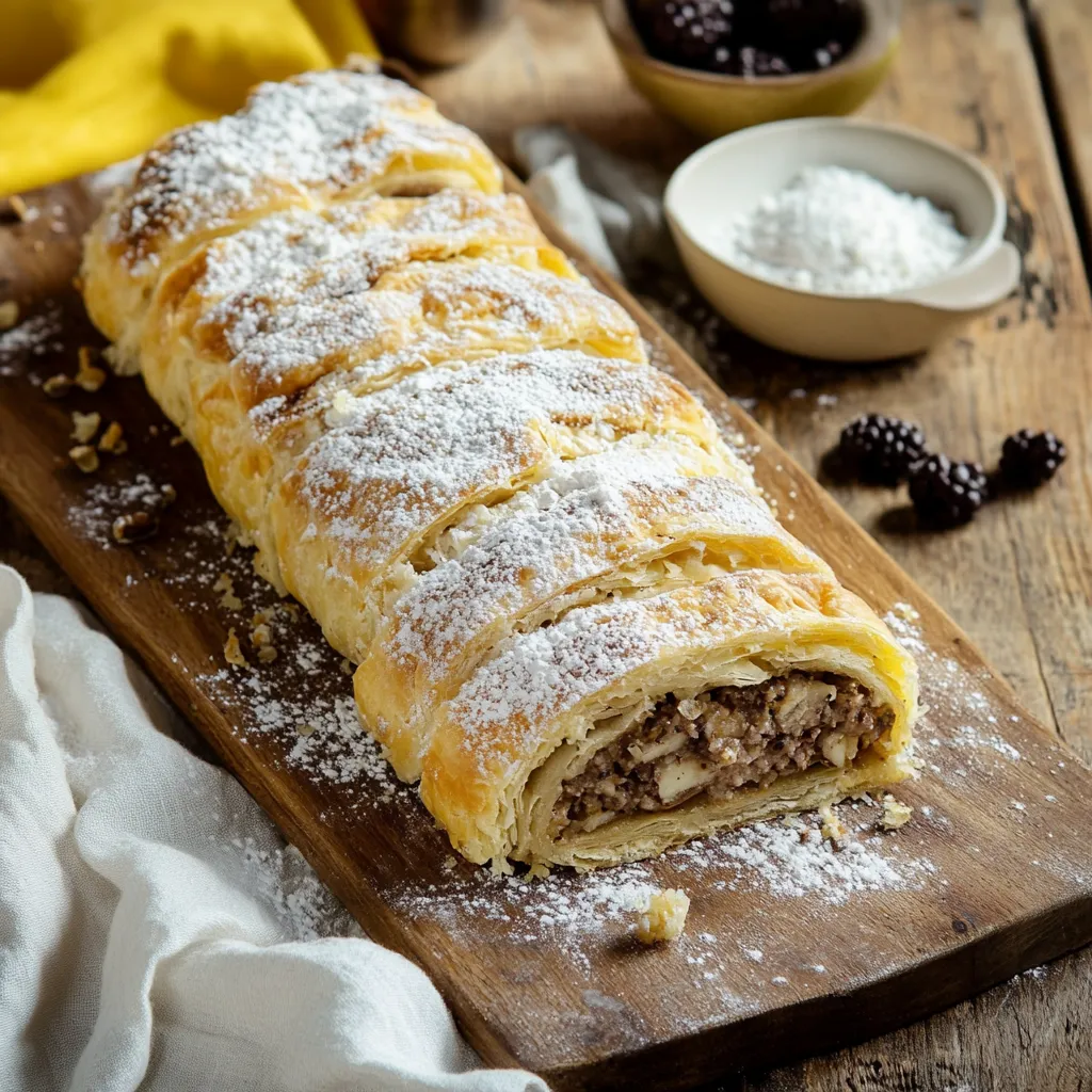 Un dolce a forma di spirale con polvere di zucchero e semi di nocciola.