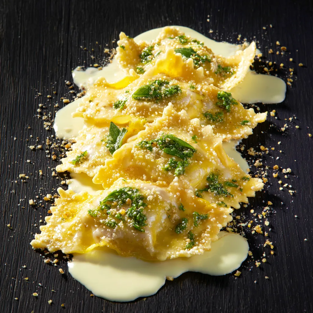 Ravioli con salsa bianca e erbe.
