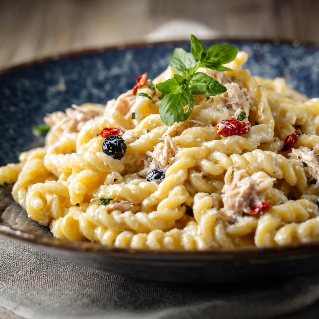 Pasta con pesce e basilico.