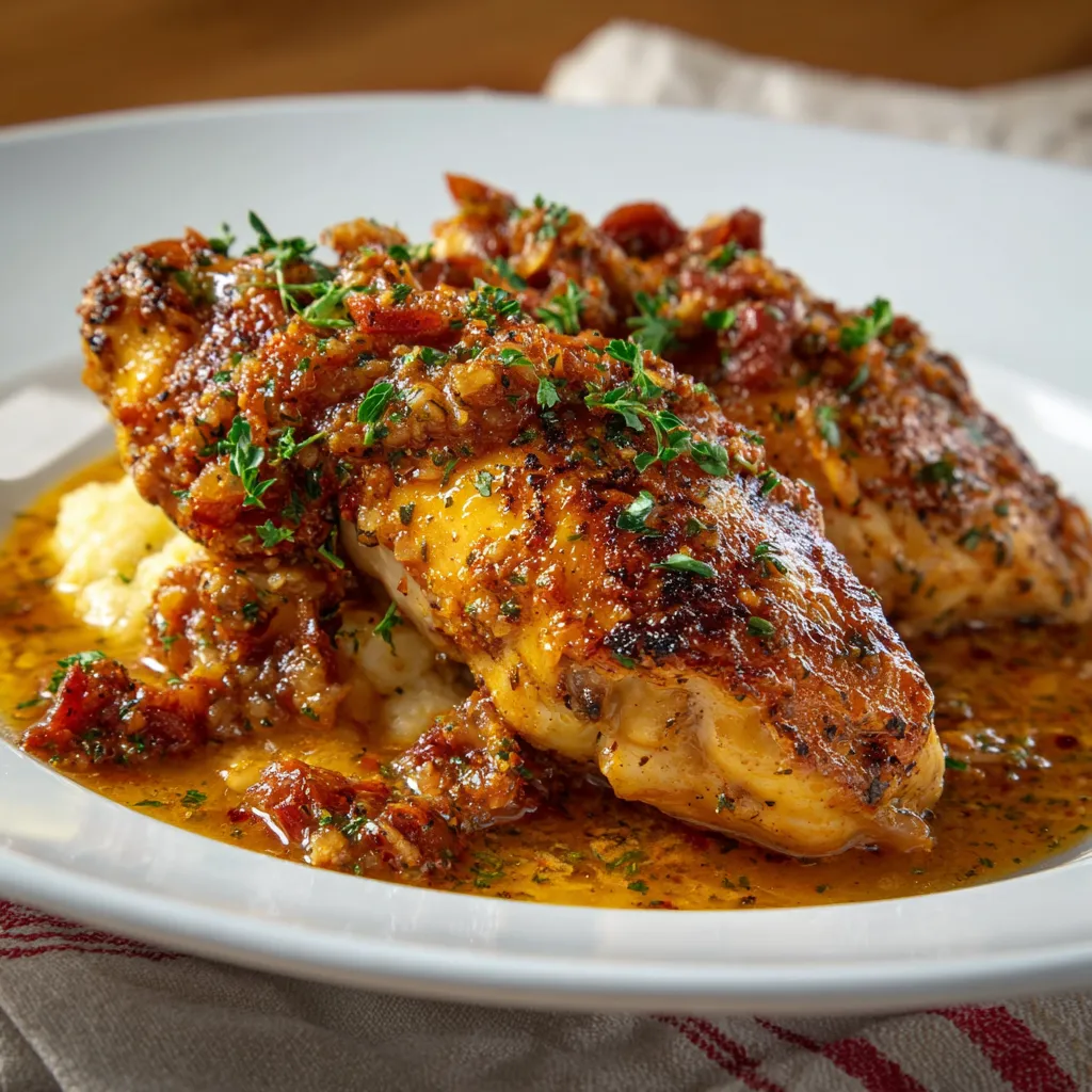 Piatti di pollo con salsa e patate.