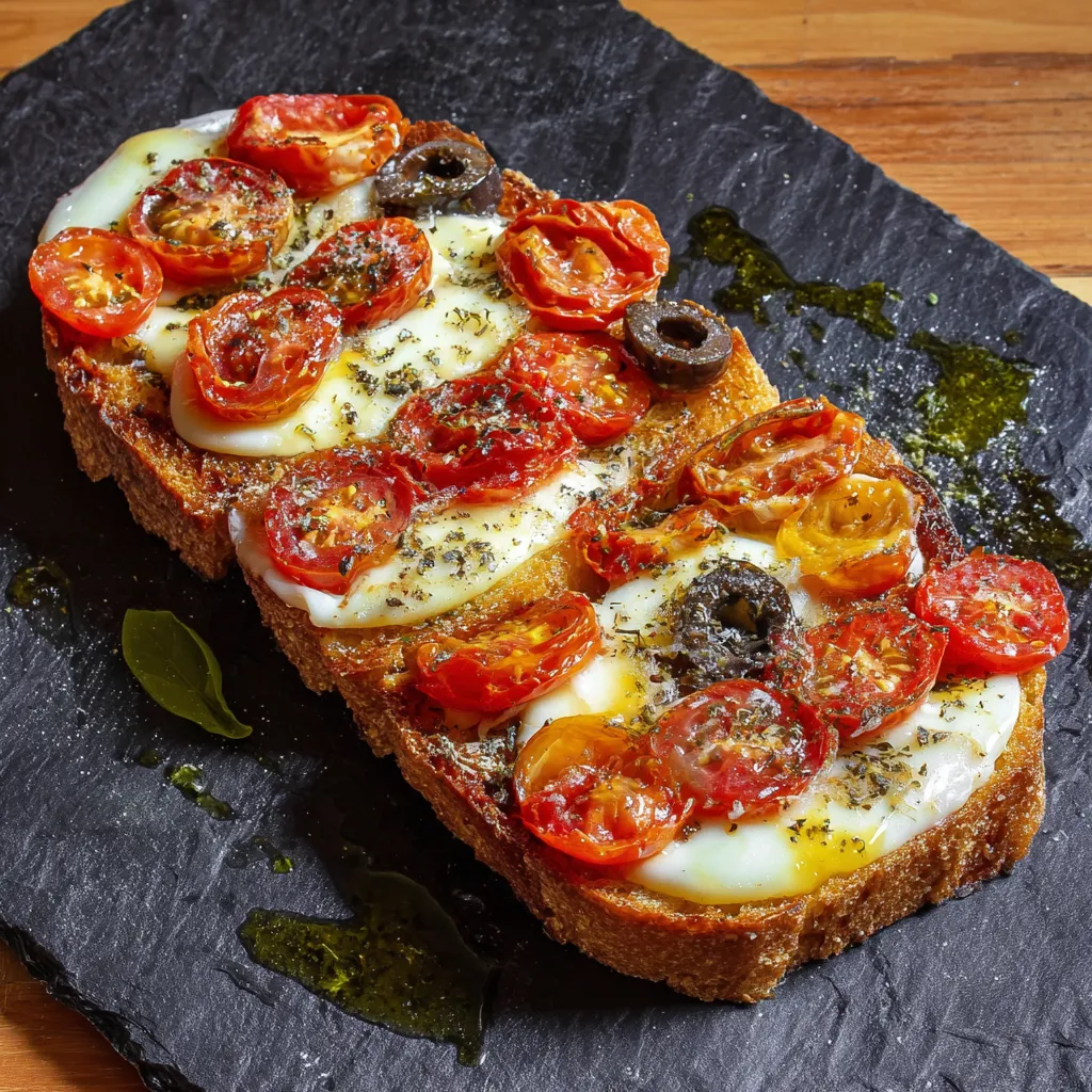 Un pezzo di pane con pomodori e olive.