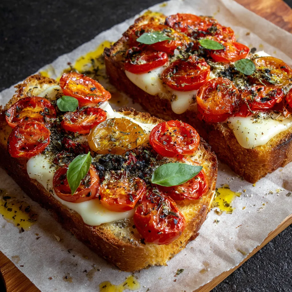 Due pezzi di pane con pomodori e basilico.