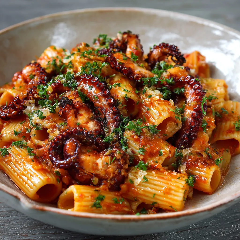 Penne con polpo e erbe.