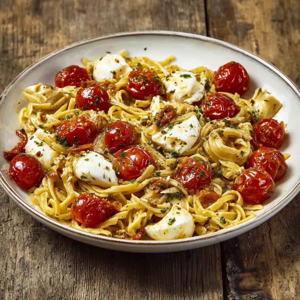 Piatto con spaghetti, pomodori e formaggio.