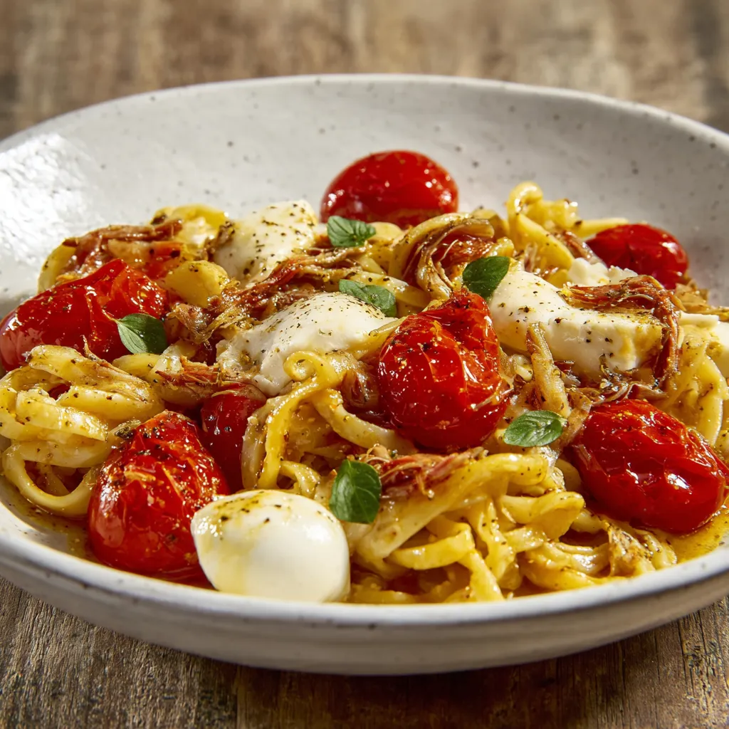 Piatti di pasta con pomodori e formaggio.