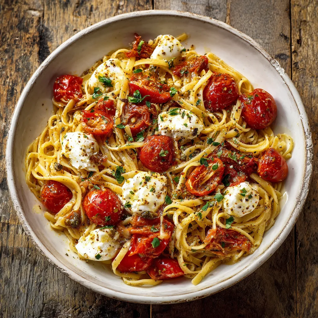 Una ciotola di spaghetti con pomodori e formaggio.