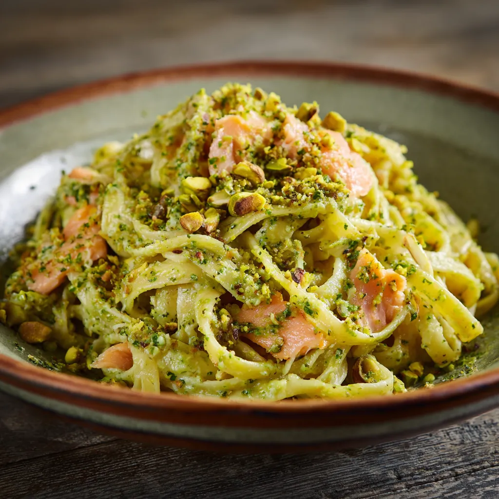 Una ciotola di spaghetti con pesce e verdure.