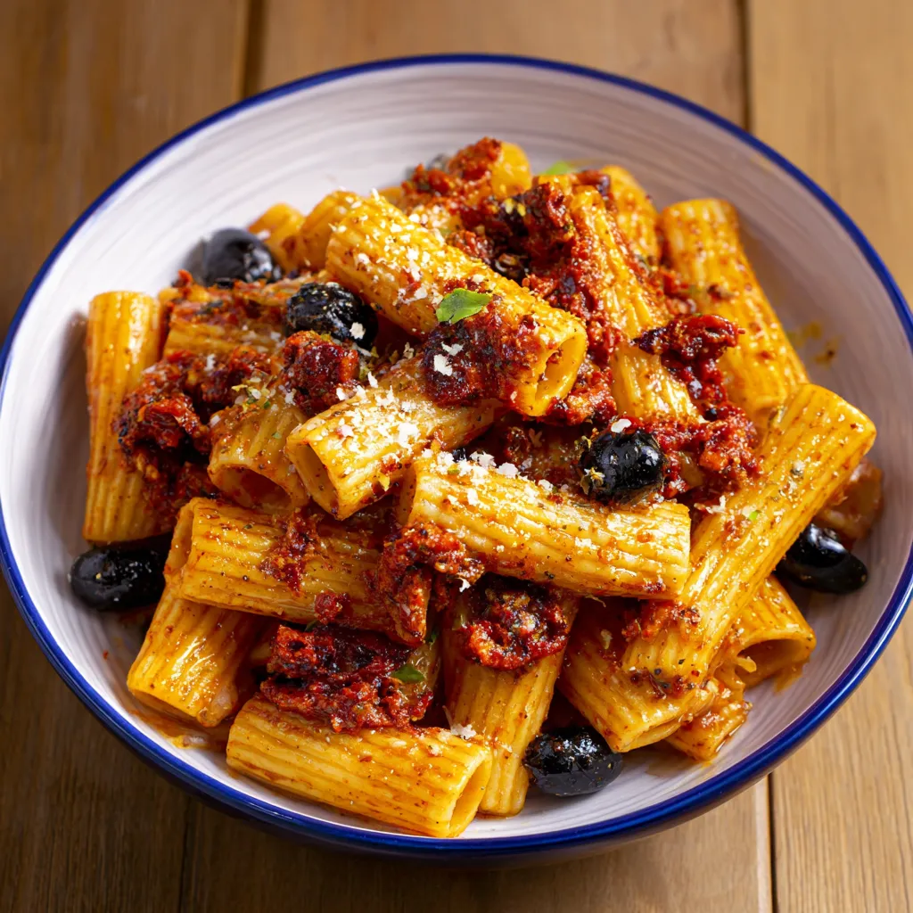 Penne con sugo e olive.